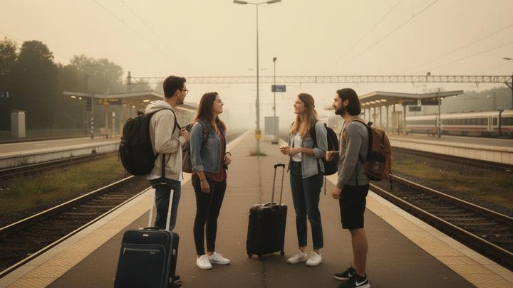 Student group with backpacks waiting on a station platform before departure