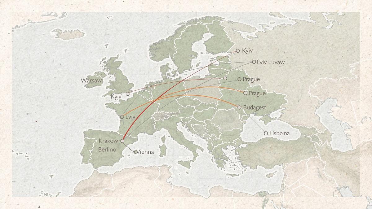 Map of Europe marked with the six student coach routes from Kyiv, Lviv and Warsaw to Krakow, Prague, Budapest, Berlin, Vienna and Lisbon